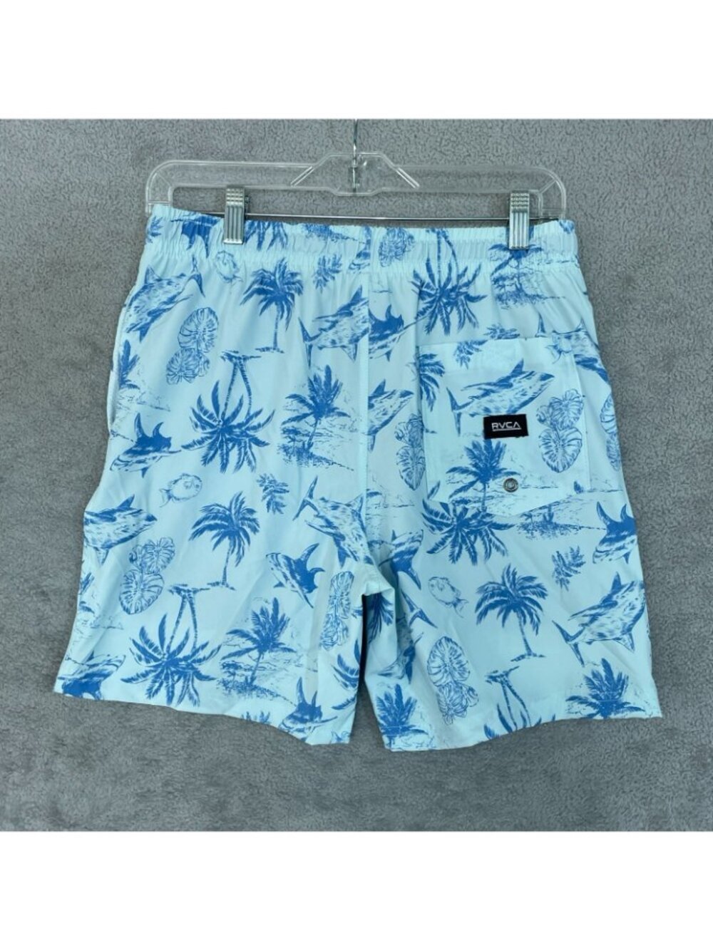 NWOT RVCA Boys L 14/16 Swim Trunks Blue Shark Print Elastic Waist - Picture 2 of 8